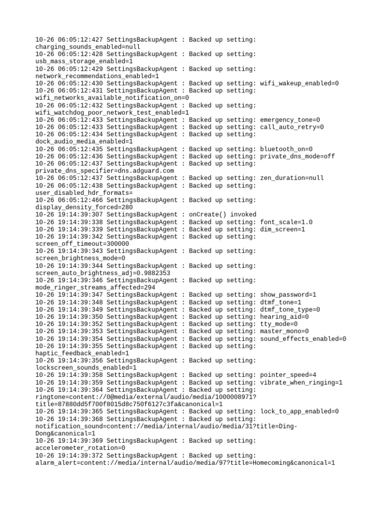 Android Settings Backup Log | PDF