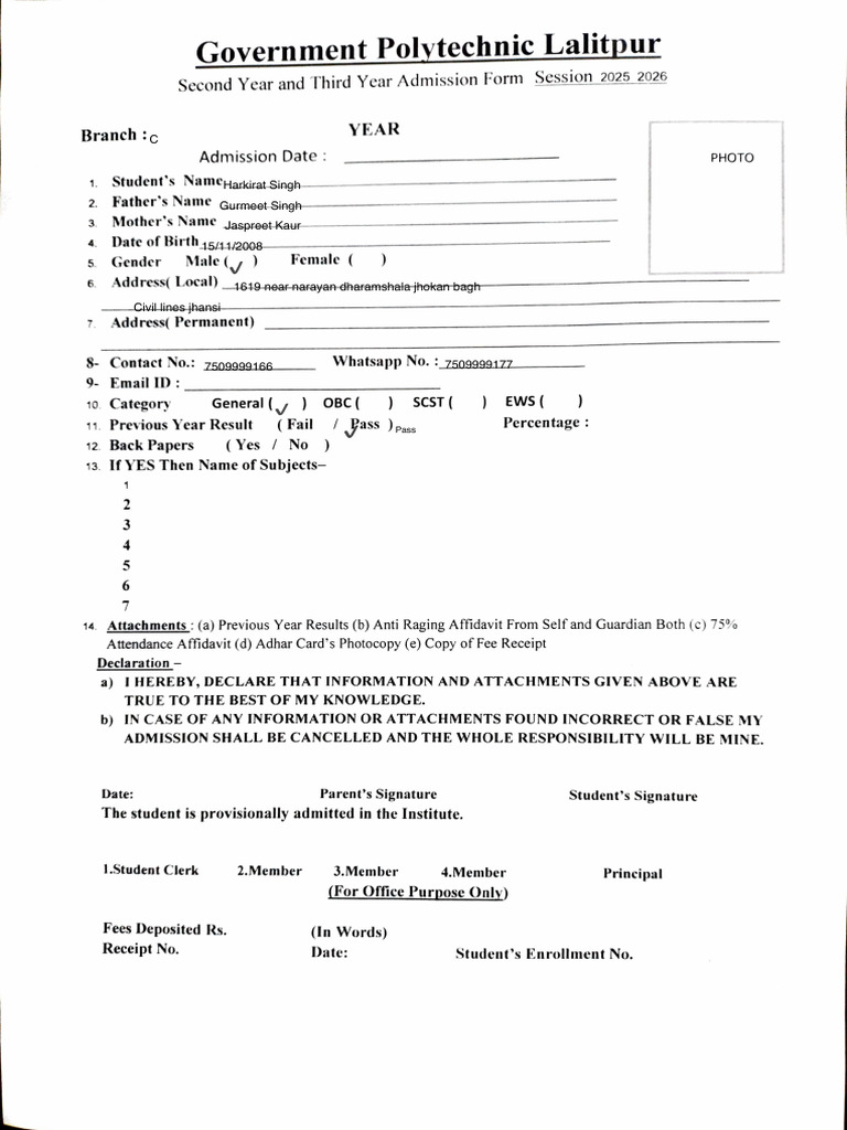 Admission Form for Polytechnic 2025-26 | PDF