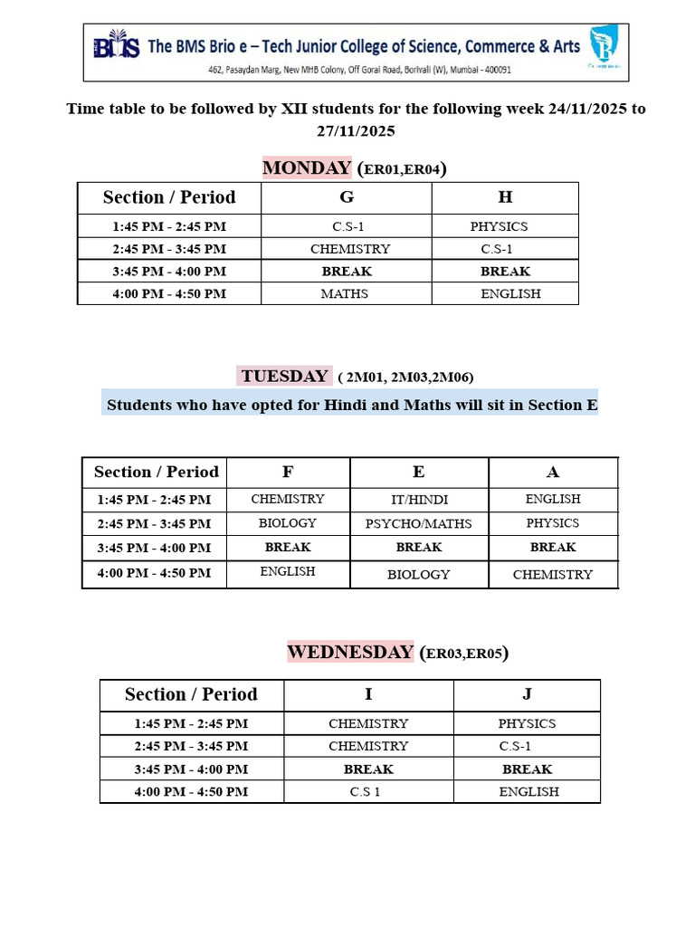 XII Students Weekly Timetable 24-27 Nov 2025 | PDF