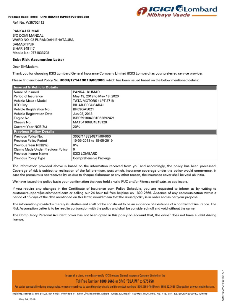 ICICI Lombard Risk Assumption Letter | PDF | Driver's License | Insurance