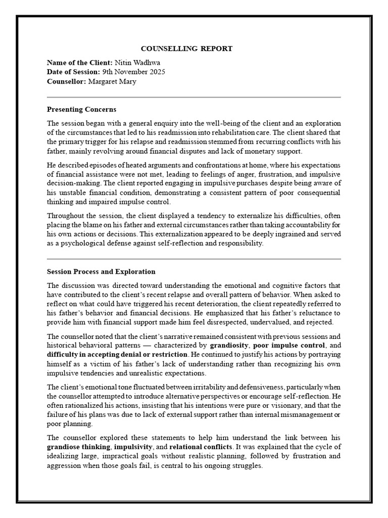 Counselling Report Nitin 09.11.25 | PDF | Impulsivity | Thought