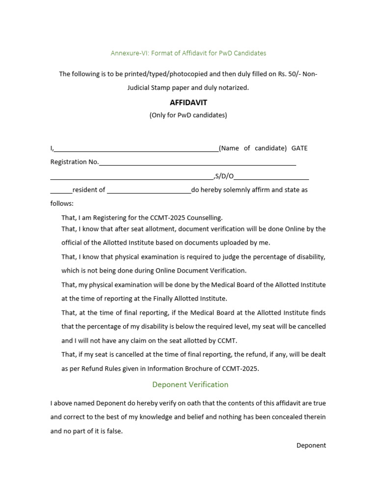 Affidavit: Annexure-Vi: Format of Affidavit For PWD Candidates | PDF
