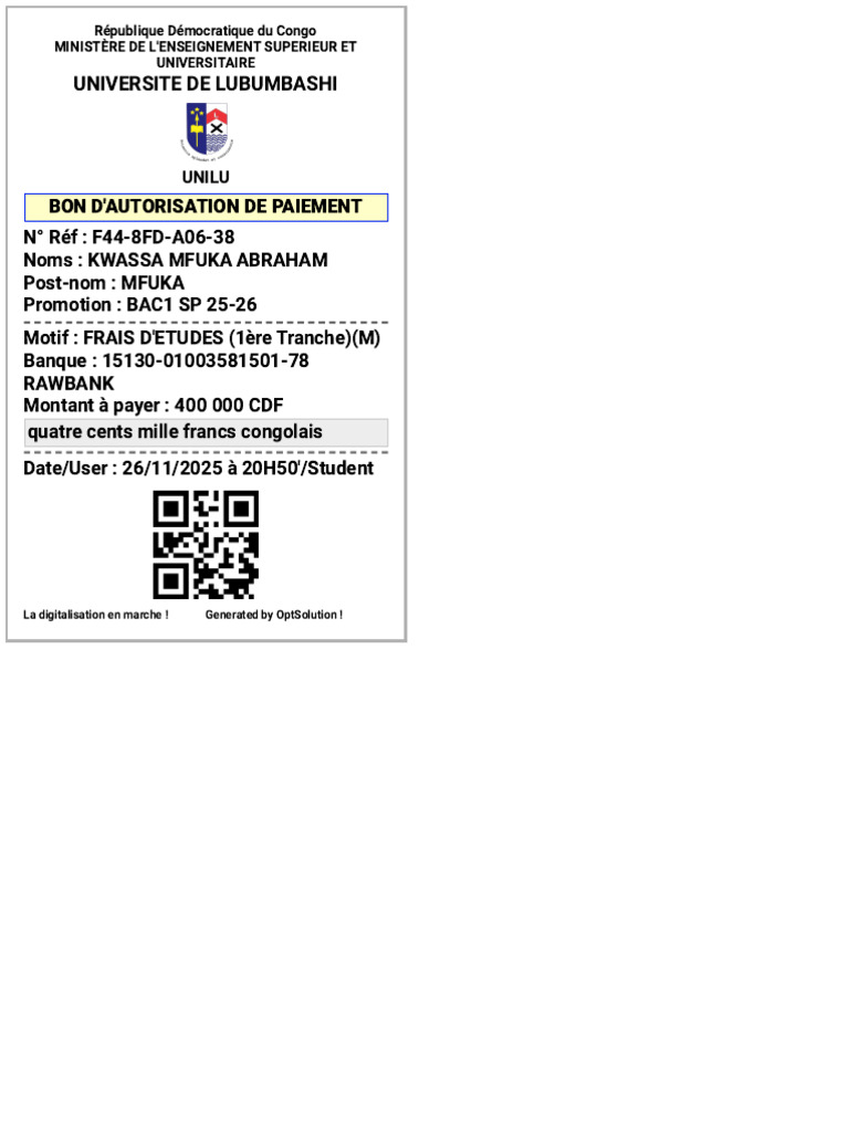 Autorisation de Paiement Universitaire UNILU | PDF