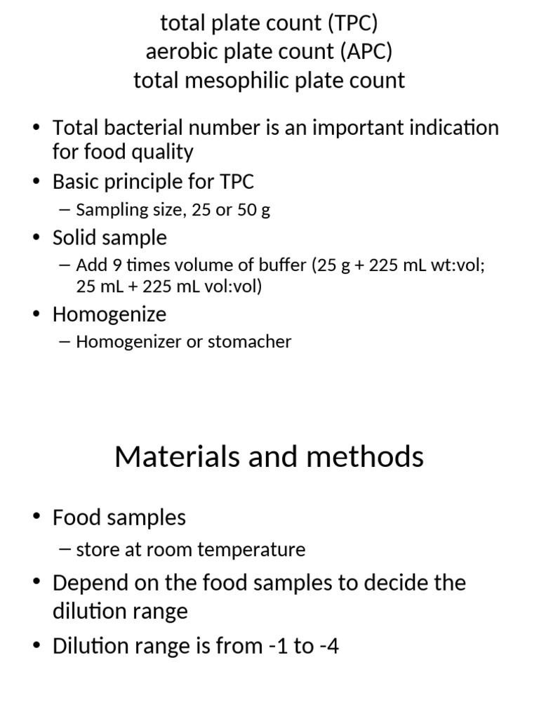 Total Plate Count Method for Food Testing | PDF