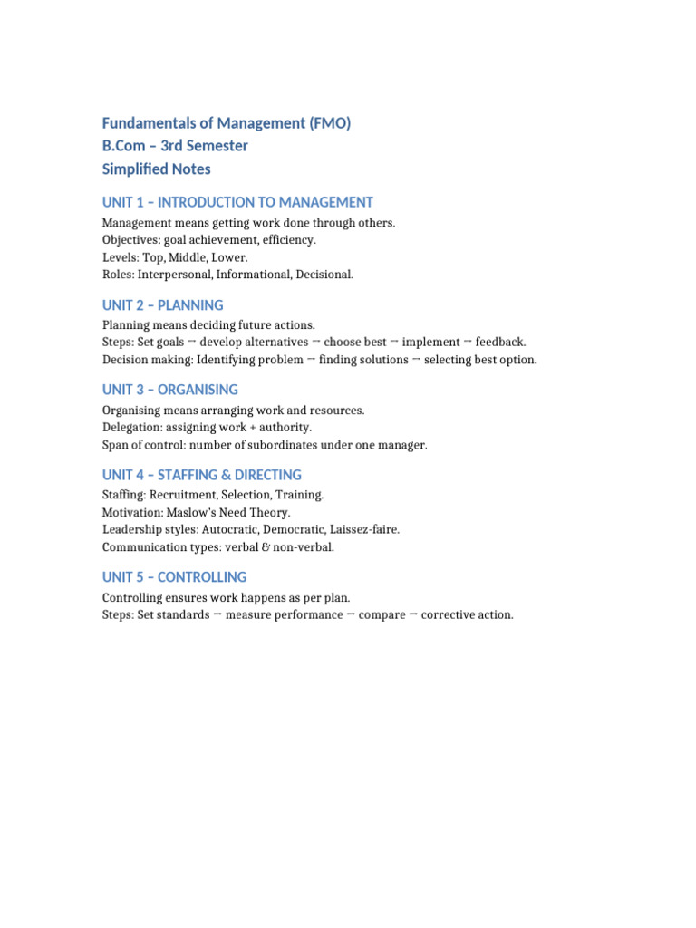 FMO BCom 3rd Sem Notes | PDF