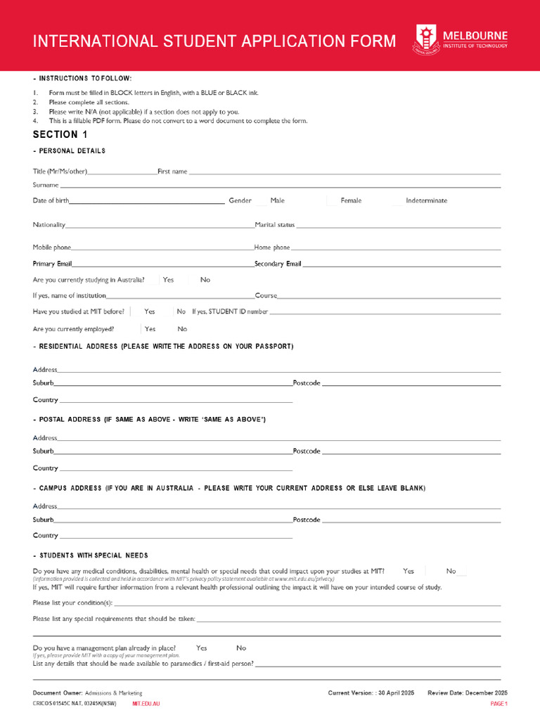 MIT International Student Application Form - Melbourne Institute of ...