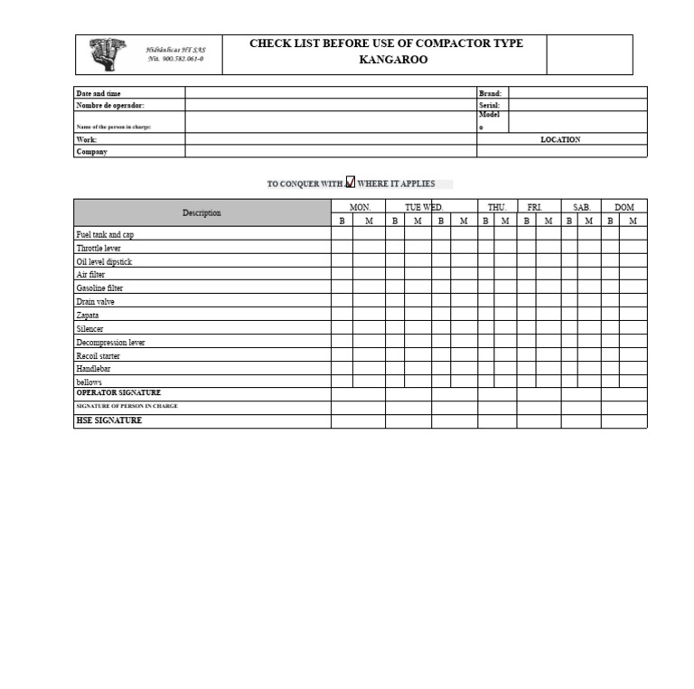 Preoperational Checklist For Kangaroo-Type Roller or Compactor | PDF