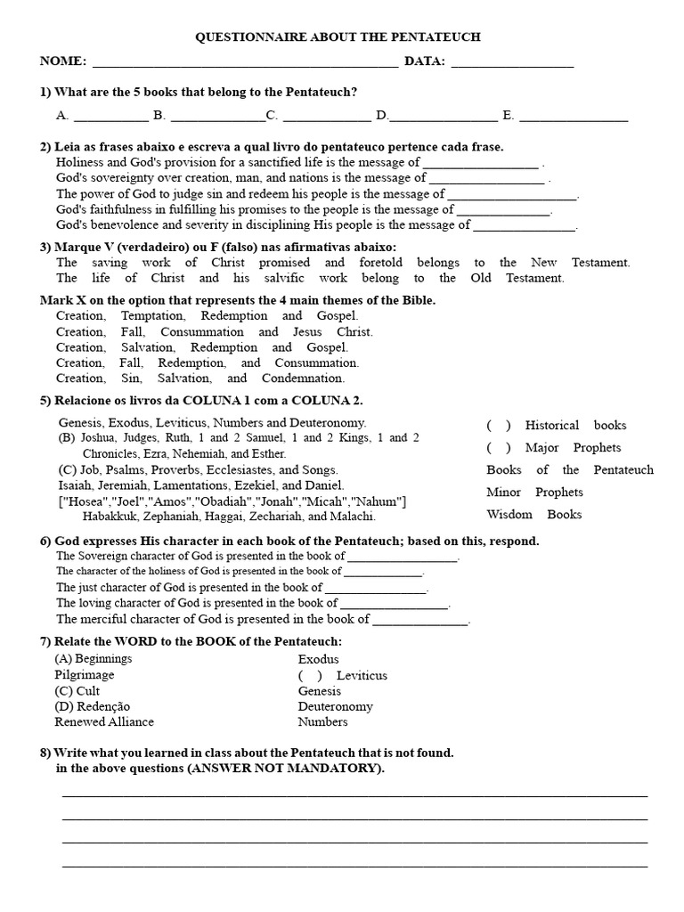 Pentateuch Questionnaire for Study | PDF | Books Of The Hebrew Bible ...
