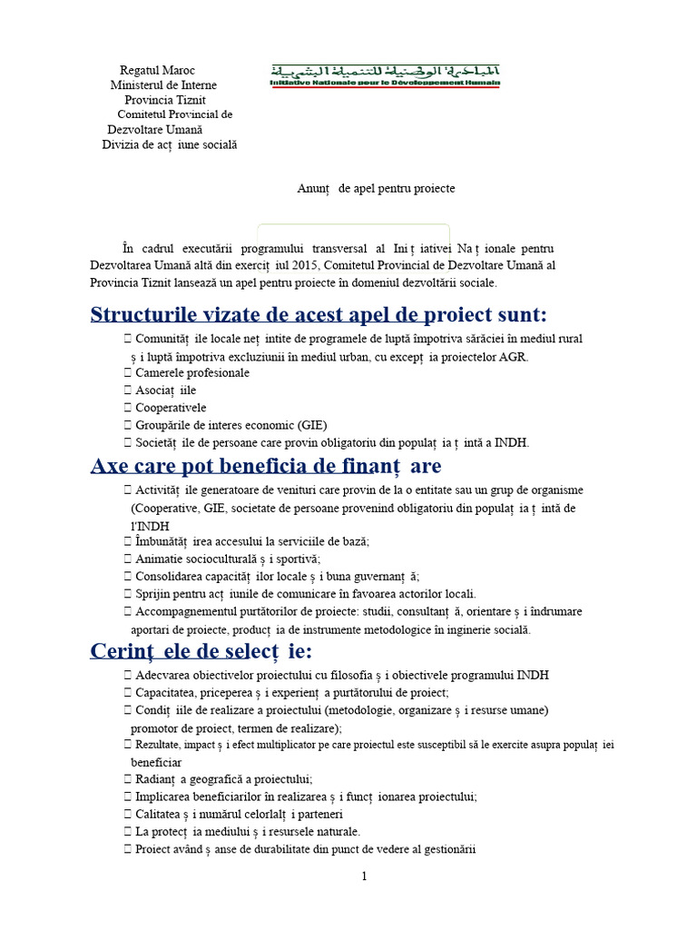 Model de AVIZ Apel La Proiecte INDH | PDF