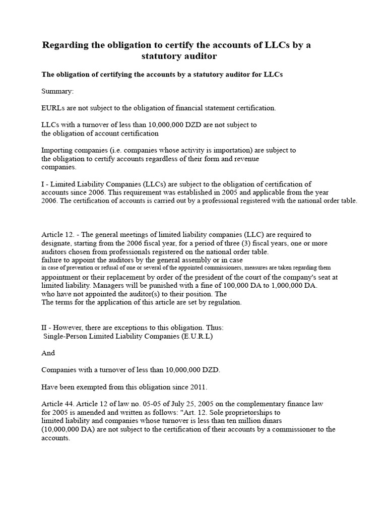 About The Obligation For The Certification of The Accounts of Limited ...