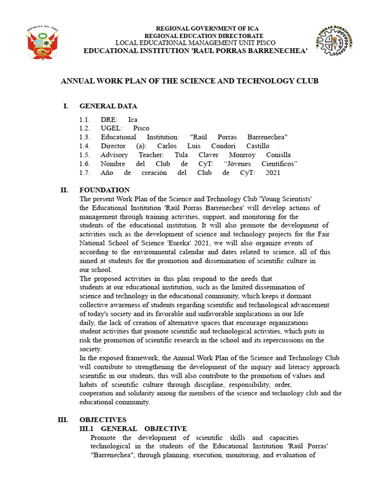 Annual Science Club Work Plan 2021 | PDF | Science