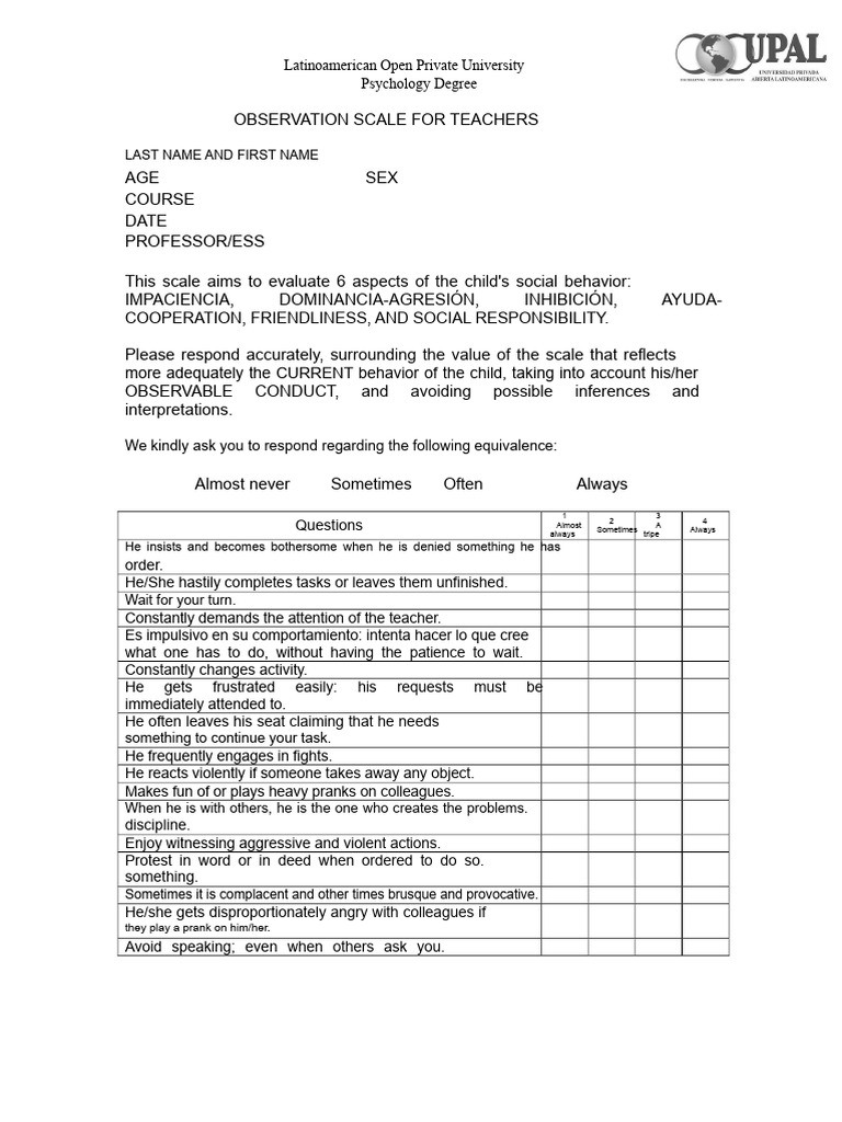 Observation Scale For Teachers | PDF | Social Psychology | Behavioural ...