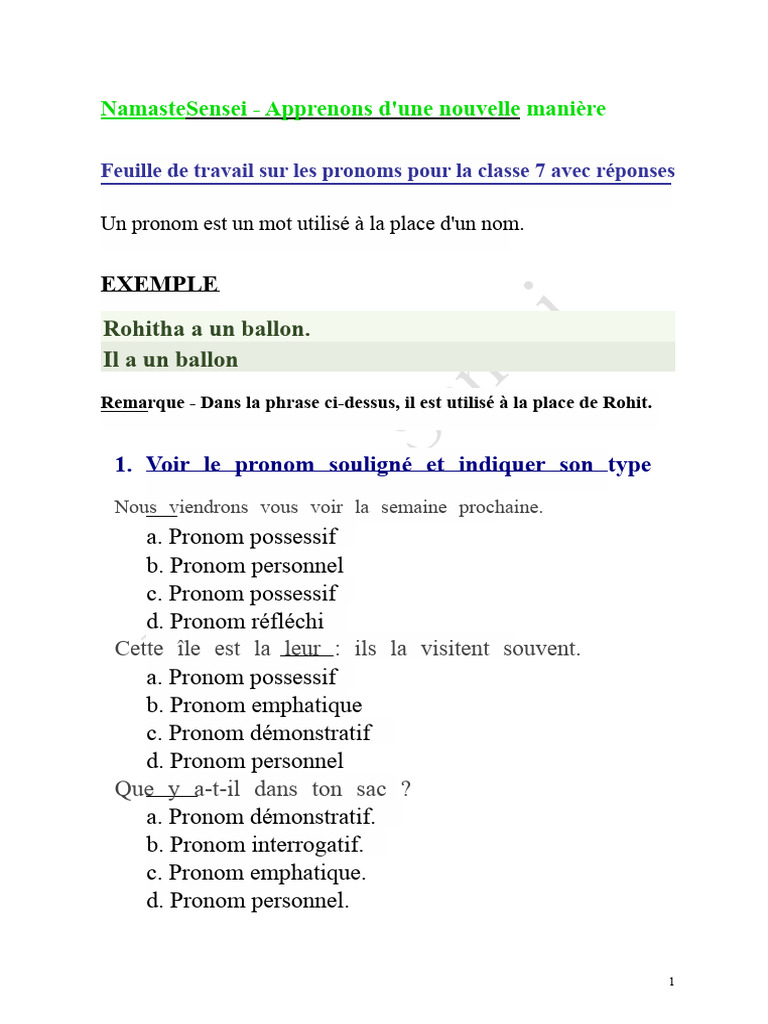 Feuille de travail sur les pronoms 7e | PDF | Pronom | Syntaxe