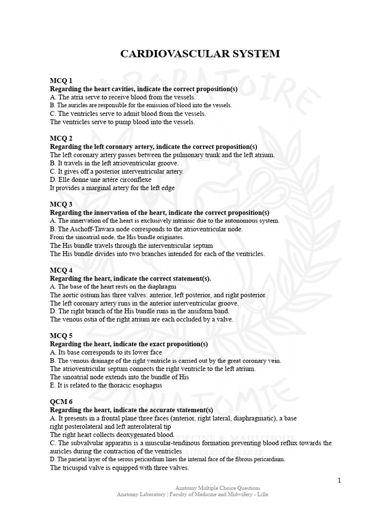 Multiple Choice Questions On The Cardiovascular System | PDF | Heart ...