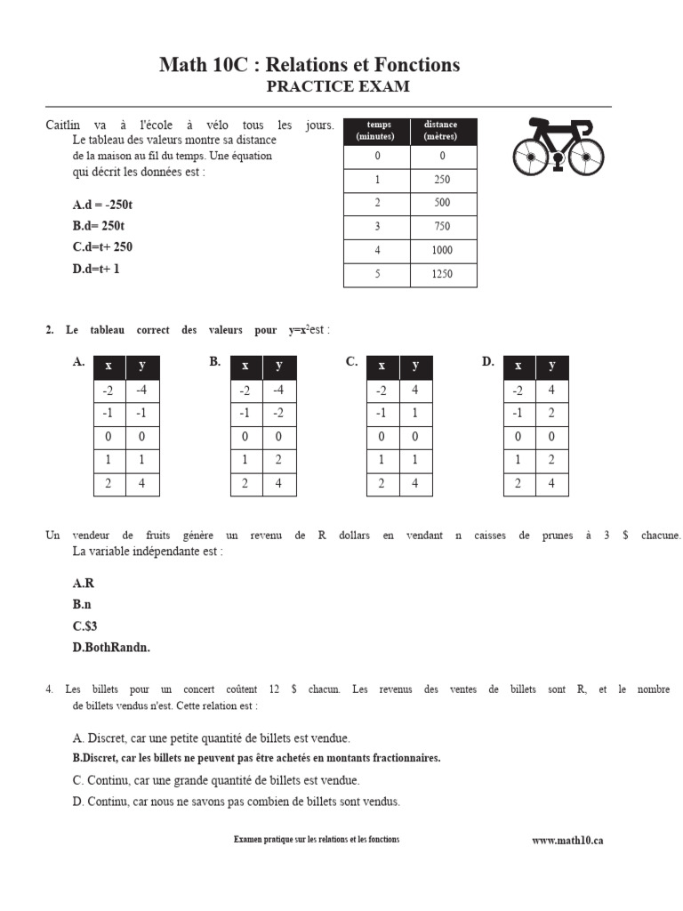Examen Pratique Math 10C: Relations et Fonctions | PDF