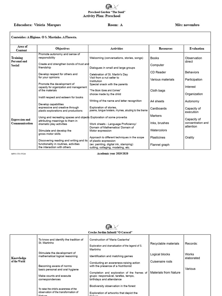 Activity Plan - November | PDF | Cognition | Learning