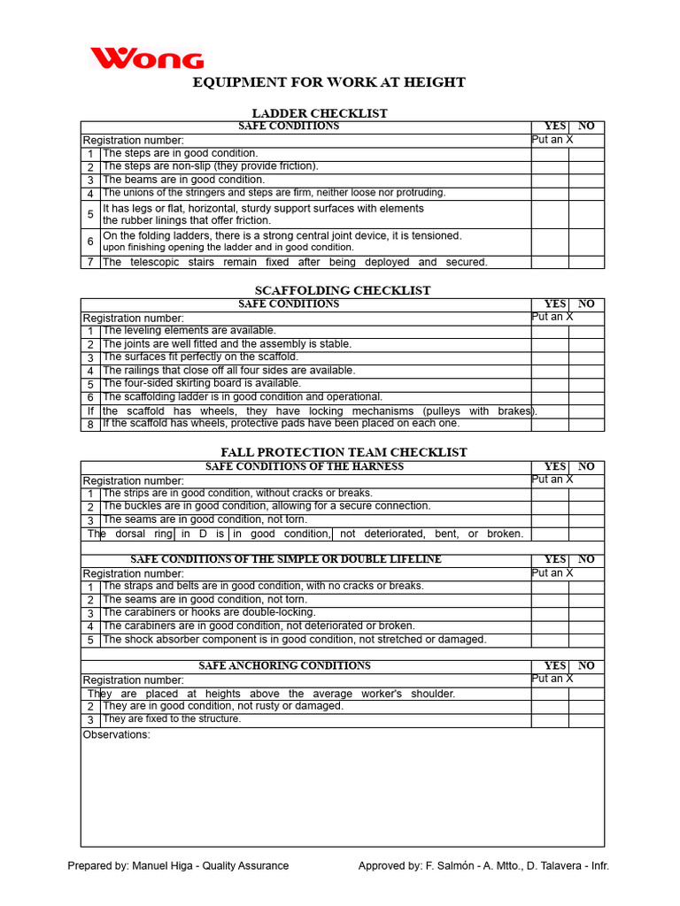 Work at Height Safety Equipment Checklist | PDF | Scaffolding