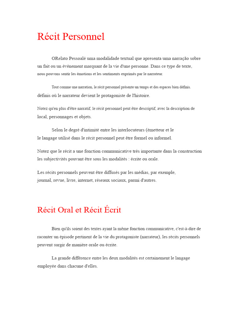 Guide du Récit Personnel : Structure et Exemples | PDF | Récit
