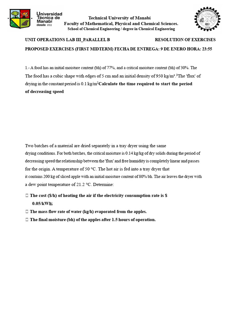 Resolution of Exercises - Unit Operations Iii - B Mid Cycle | PDF ...