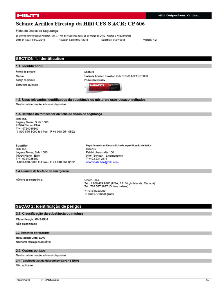 Ficha de Segurança Selante Hilti CFS-S ACR | PDF | Densidade | Química