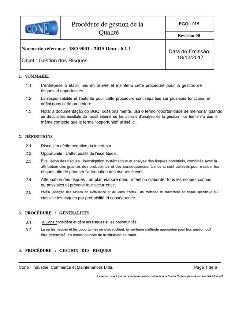 Procédure ISO 9001 pour la Gestion des Risques | PDF | Risque | Gestion ...