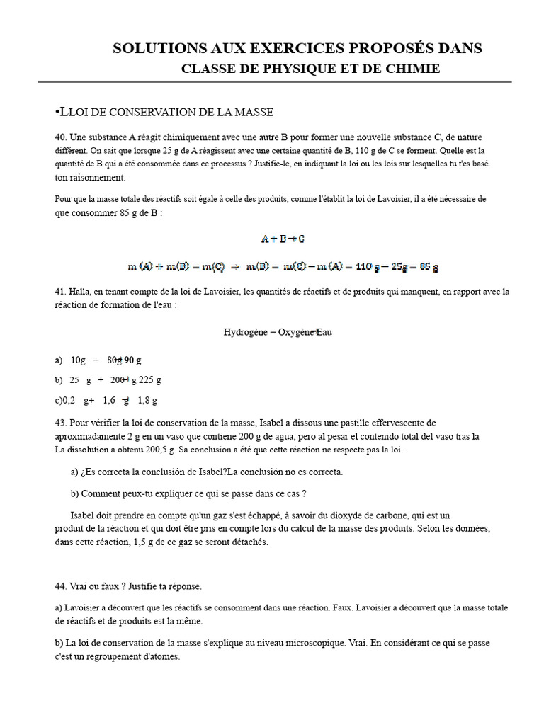 Solutions aux exercices de chimie | PDF | Réactions chimiques | Chimie
