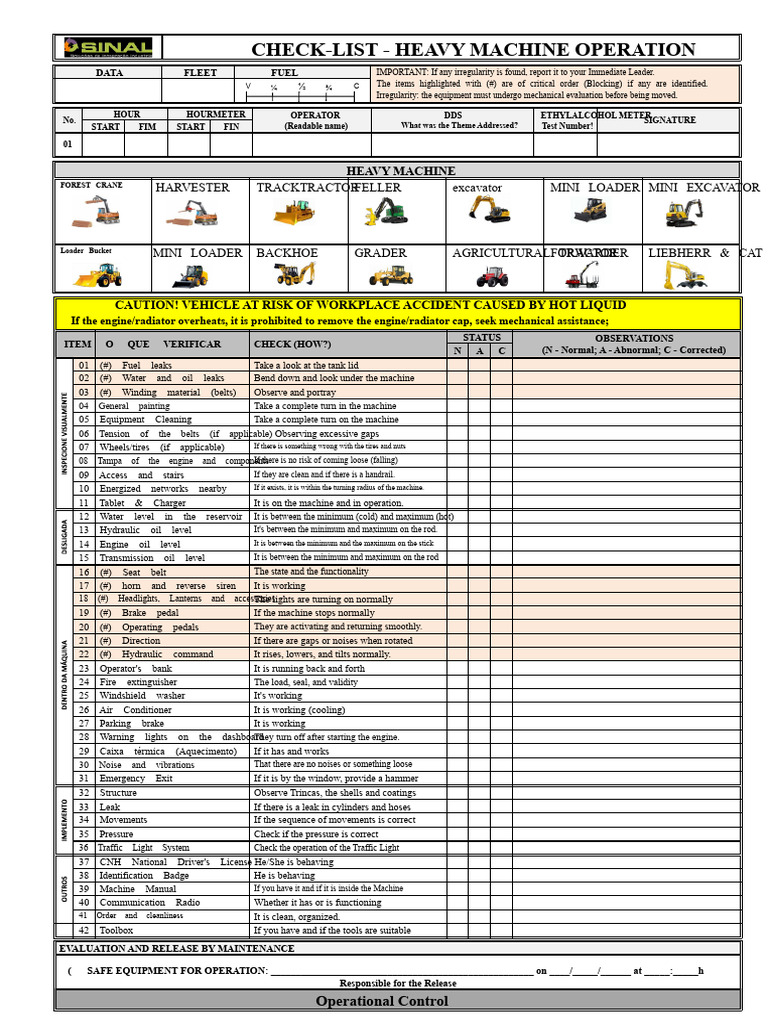 Heavy Machine Operation Checklist | PDF | Loader (Equipment) | Heavy ...