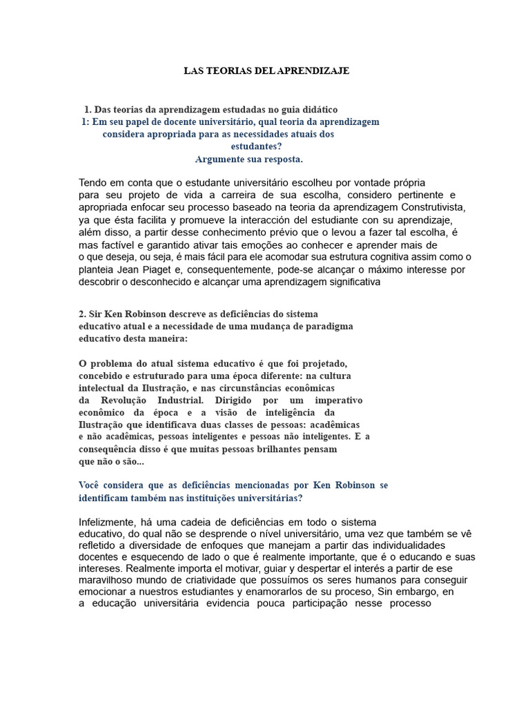 Teorias da Aprendizagem Universitária | PDF | Aprendizado | Teoria da ...