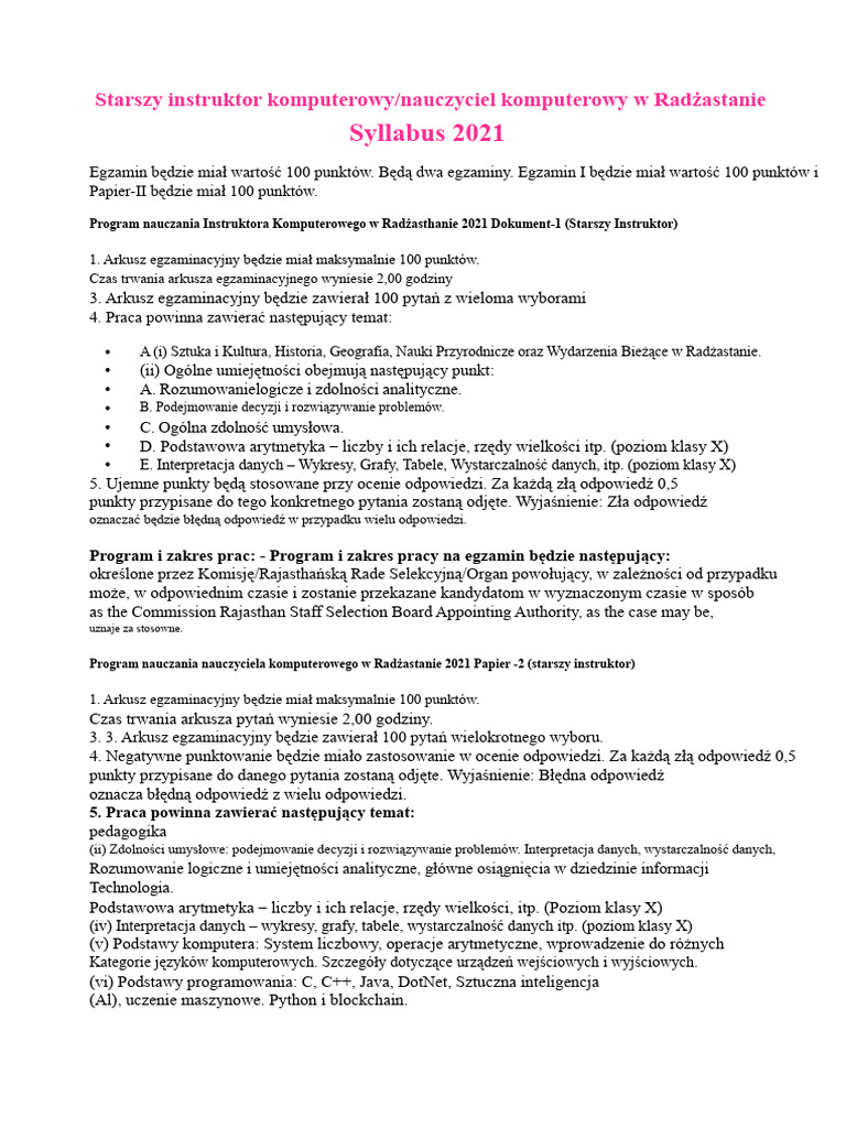 Rajasthan Program Nauczyciela Komputera Sylabus 2021 PDF | PDF