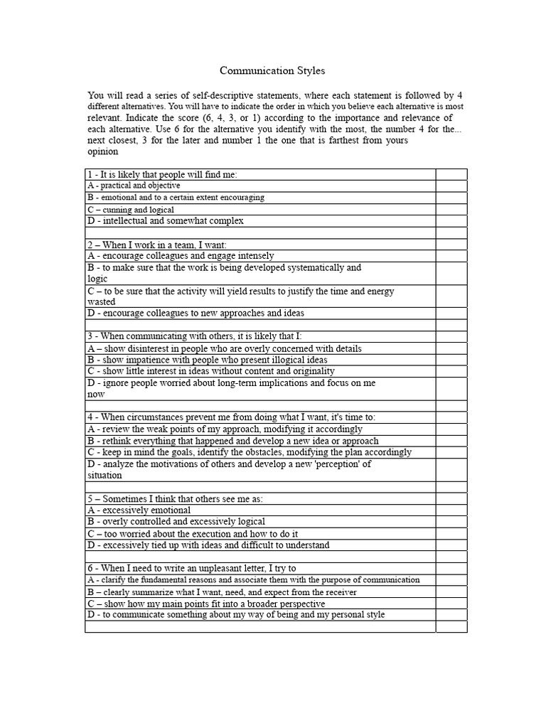 Understanding Communication Styles Assessment | PDF | Communication ...