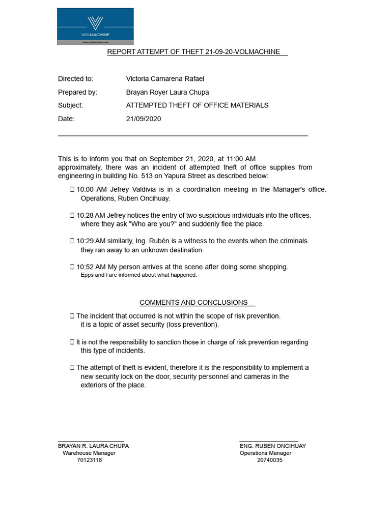Attempted Theft Report - Office Supplies | PDF