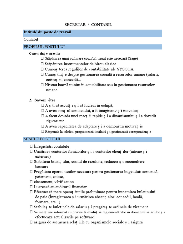 Fișă de Post Pentru Contabil | PDF
