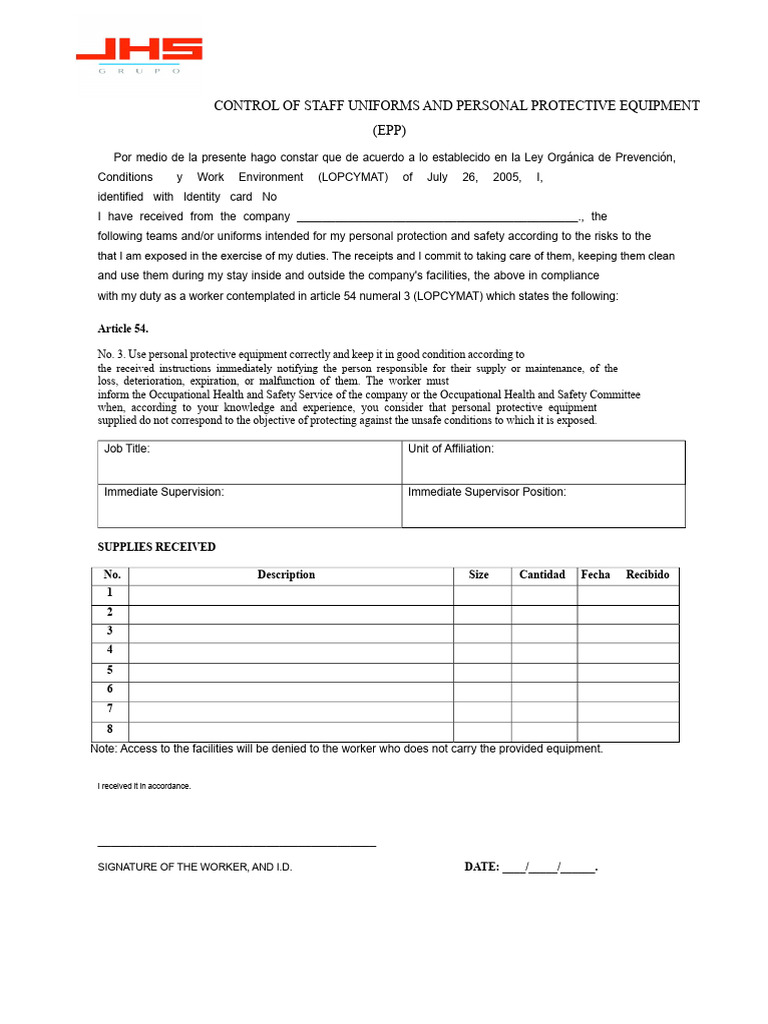Staff Uniforms and PPE Acknowledgment Form | PDF