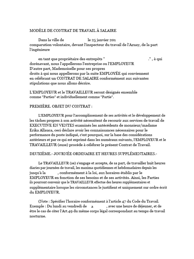 Modèle de contrat de travail salarié | PDF | Travail | Relations ...