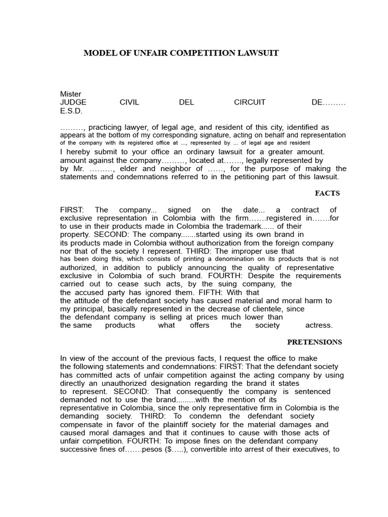 Unfair Competition Lawsuit Model | PDF | Trademark Infringement | Lawsuit