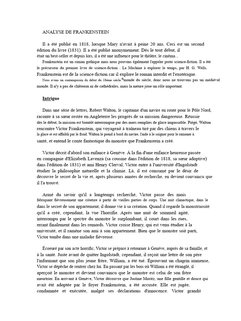 Analyse du roman Frankenstein de Mary Shelley | PDF | Frankenstein ...