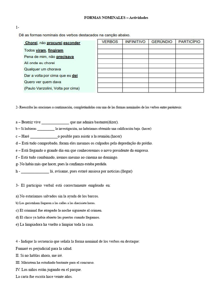 Ejercicios sobre Formas Nominales en Español | PDF | Verbo | Mecánica ...