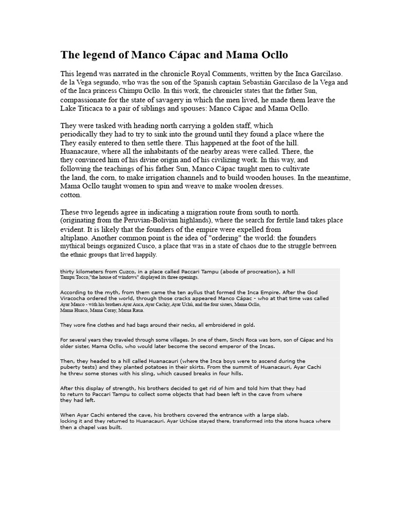 Manco Cápac and Mama Ocllo Legend | PDF | Inca Empire