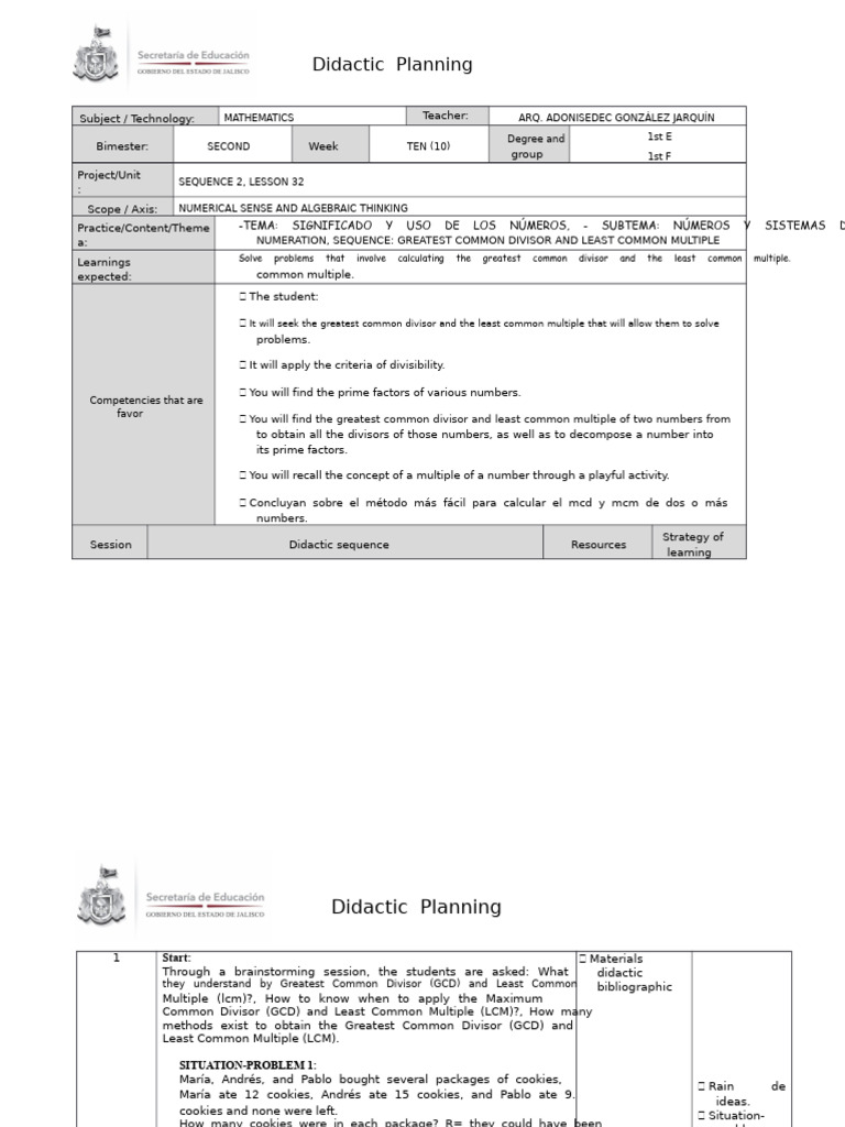 Didactic Planning for GCD and LCM | PDF | Arithmetic | Mathematics