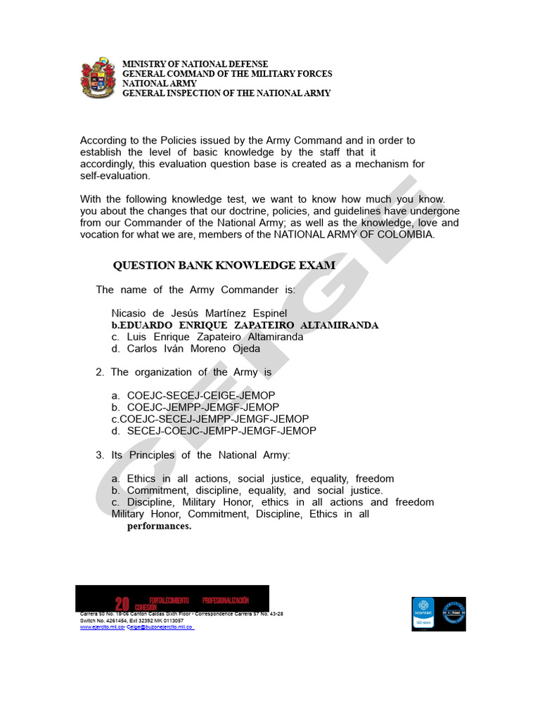 National Army Knowledge Exam Questions | PDF | Military Intelligence ...