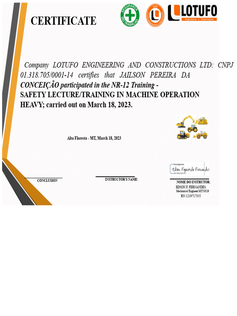 Certificate - Safety in The Operation of Heavy Machinery | PDF