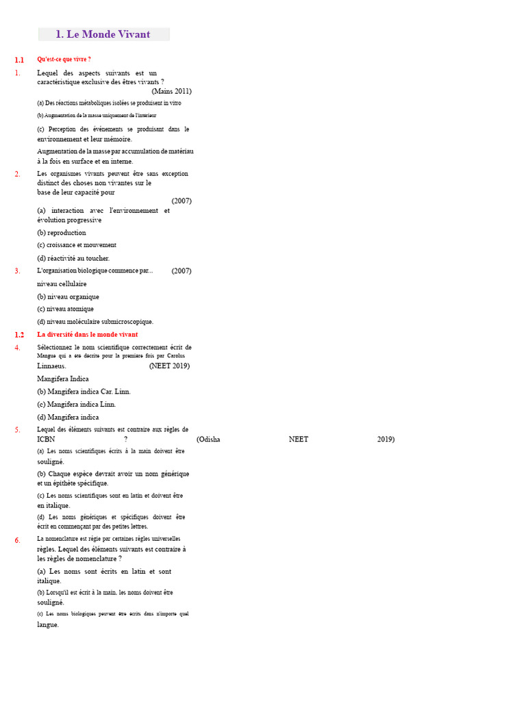 Caractéristiques des Êtres Vivants et Taxonomie | PDF | Taxonomie ...