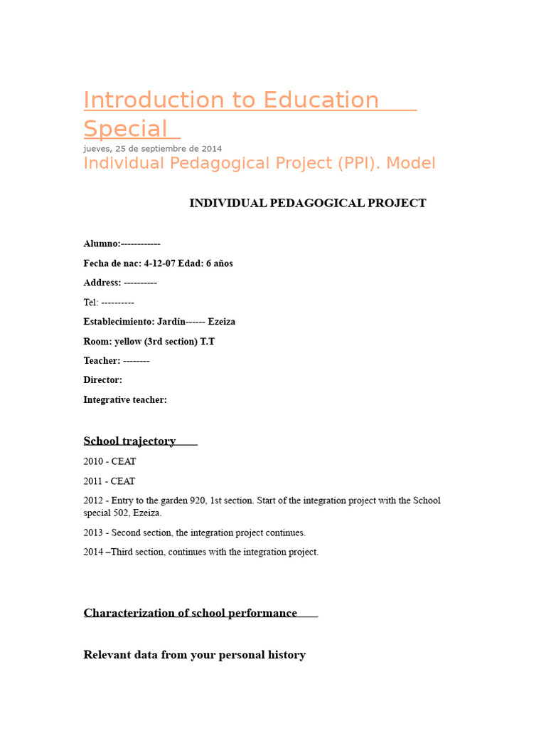 Introduction To Education Special: Individual Pedagogical Project (PPI ...