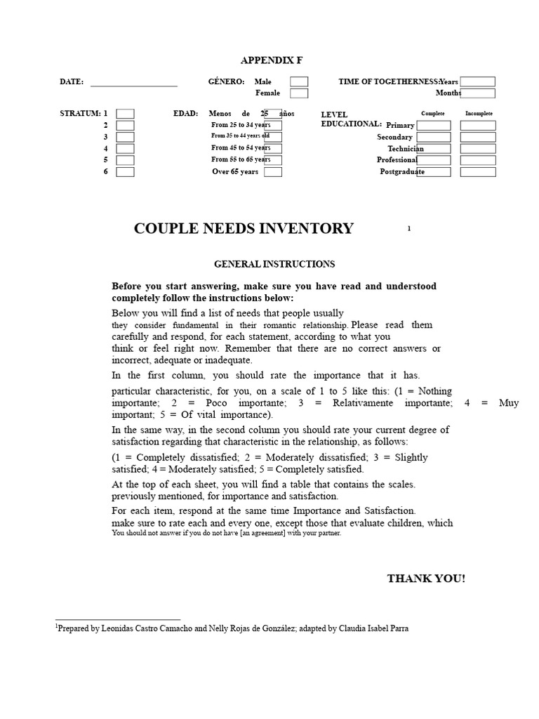 Couple Needs Inventory Survey Guide | PDF | Human Sexual Activity ...