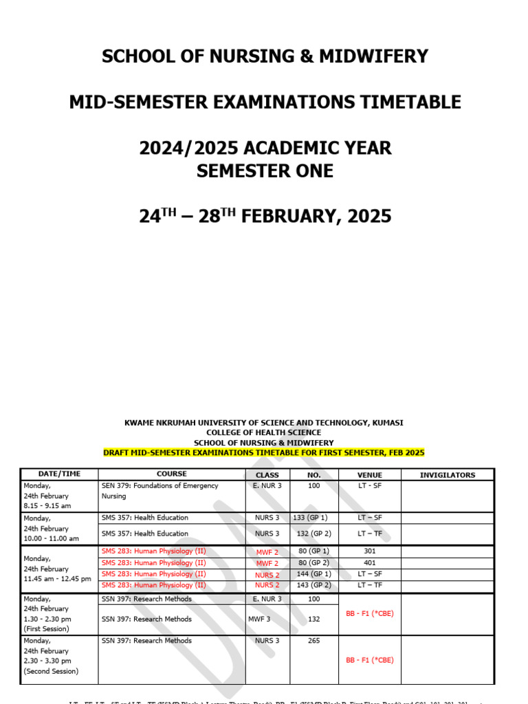 Draft Mid-Semester Exams Timetable (Semester 1, Feb 2024) - Sonm-Knust ...
