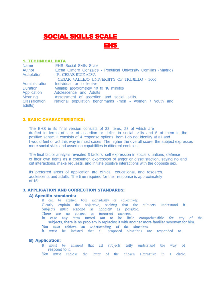 EHS Social Skills Scale Overview | PDF | Validity (Statistics) | Psychology