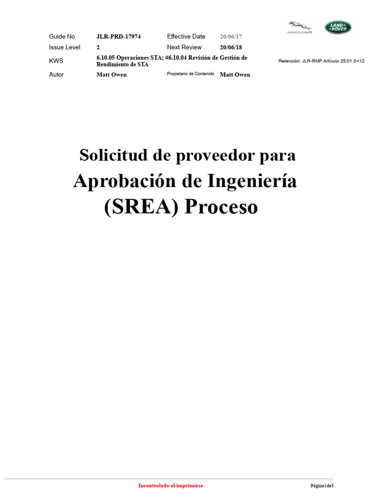 26 Problema Del Proceso de Proveedores de Jaguar Land Rover SREA 2 | PDF