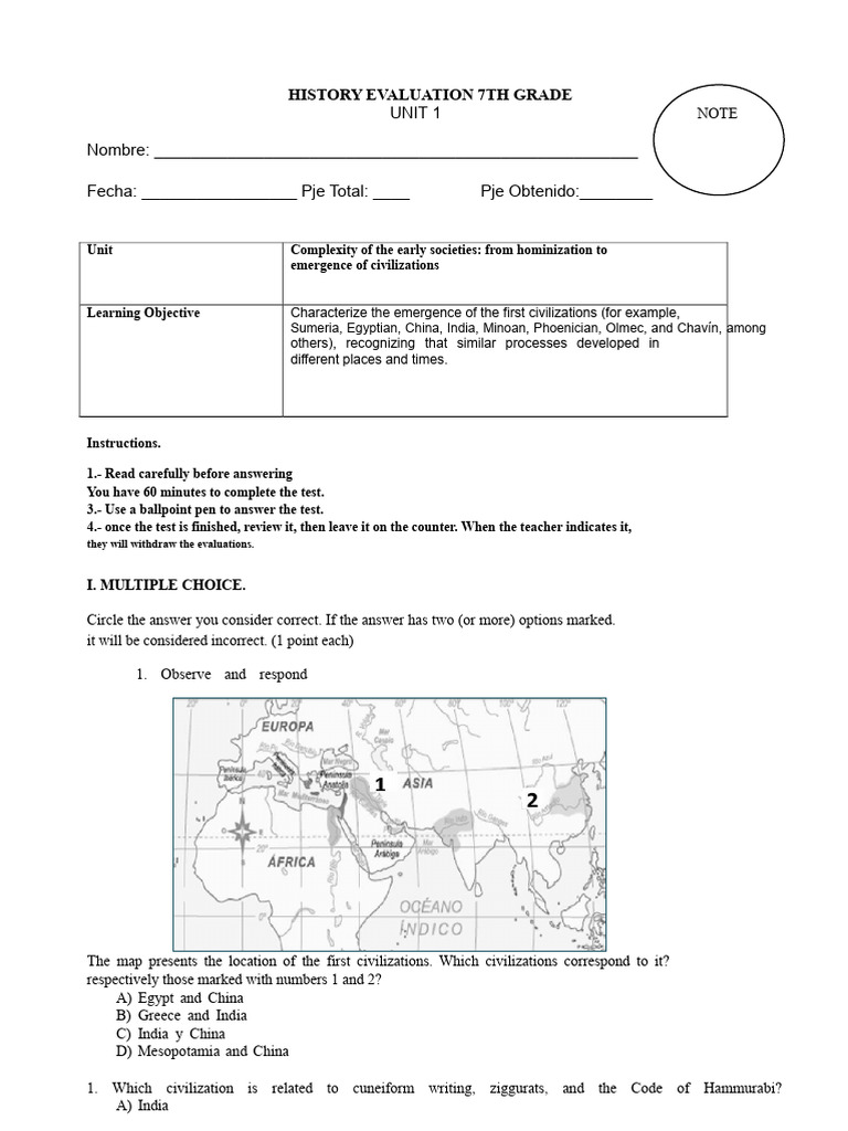 7th Grade History Evaluation: Civilizations | PDF | Multiple Choice ...