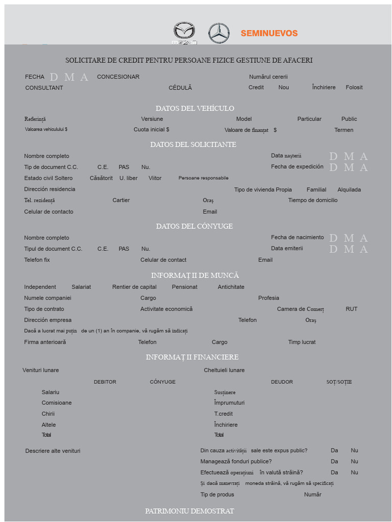 Formular de Solicitare Pentru Credit Auto PDF | PDF
