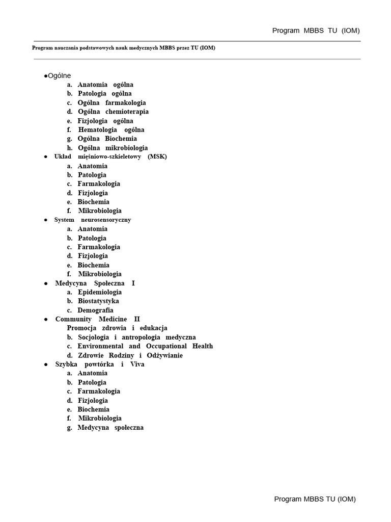 Program Nauczania MBBS TU (IOM) (1. I 2. Rok) | PDF